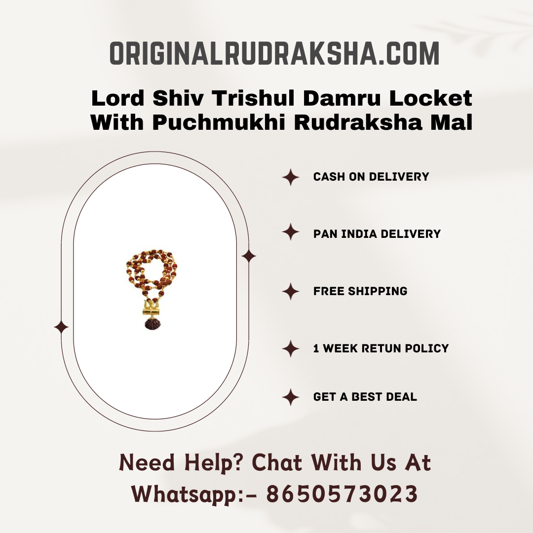Lord Shiv Trishul Damru Locket With Puchmukhi Rudraksha Mala Gold-Plated Brass