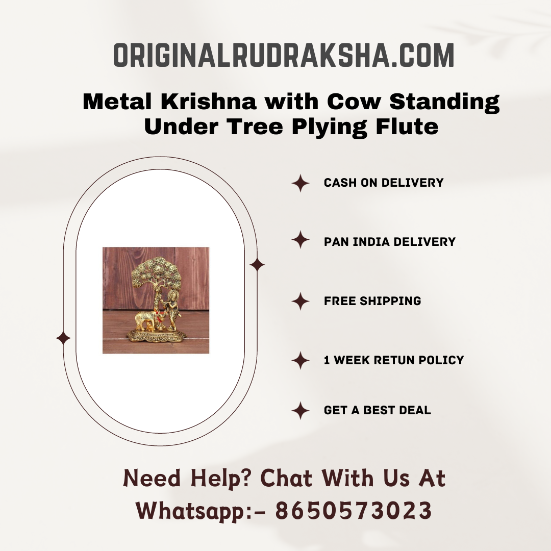 Metal Krishna with Cow Standing Under Tree Plying Flute (Gold, 12x8x17cm)